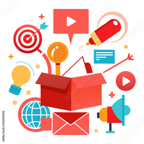 A vibrant illustration of a box overflowing with digital marketing and communication elements like a target, lightbulb, video play button, and megaphone, symbolizing content creation.