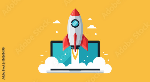 Cartoon Rocket Launching from Laptop Screen with Clouds and Flame Trail.