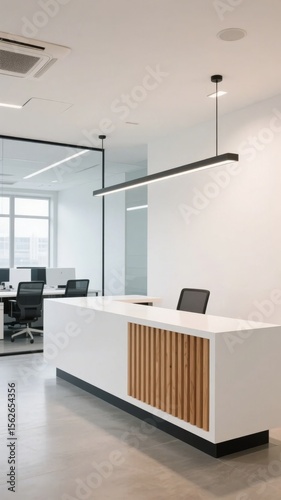 Modern office reception area with sleek white desk and wooden paneling