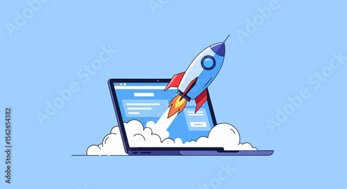 Cartoon Rocket Launching from Laptop Screen with Smoke Trail Illustration.