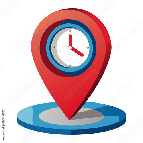 A red map pin with an embedded clock face, signifying location and time.