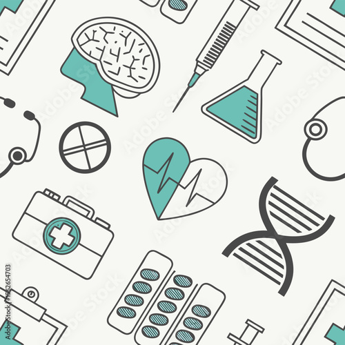 Medical seamless pattern healthcare icons line art green and white