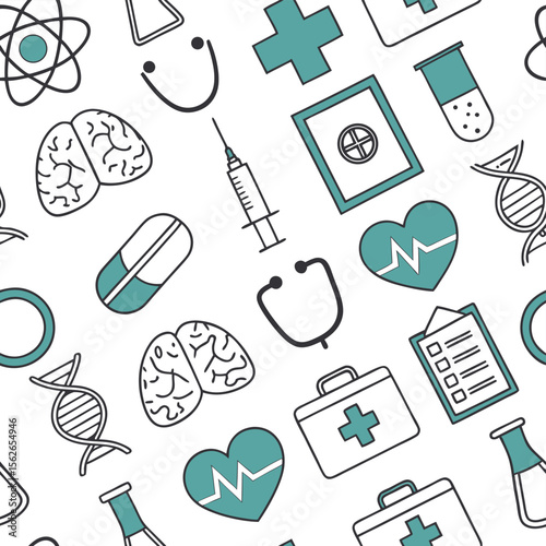 Medical seamless pattern healthcare icons line art teal and white design