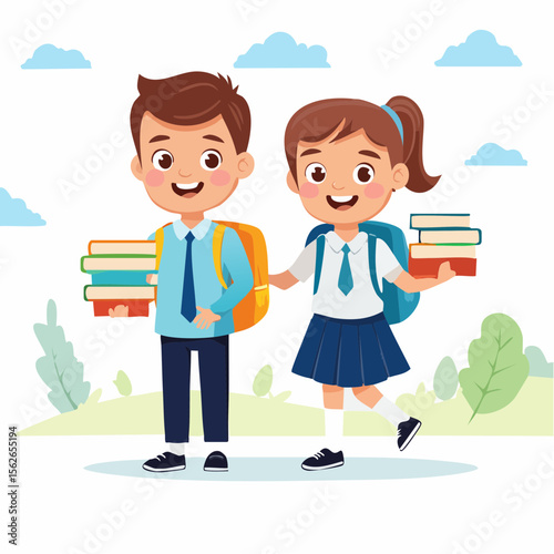Happy Students with Books and Backpacks Ready for School