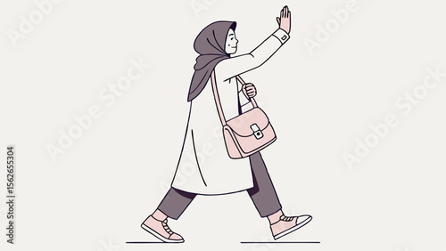 Muslim woman in hijab walking and waving, minimalist flat design illustration.
