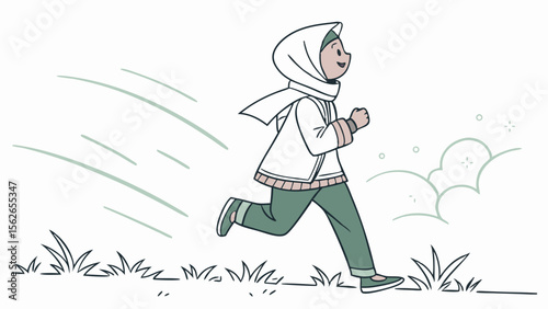 Active young woman in hijab running outdoors illustration, depicting fitness and healthy lifestyle