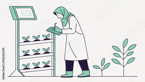 Scientist in hijab monitors plants in a modern vertical farm, focusing on sustainable agriculture and technology.