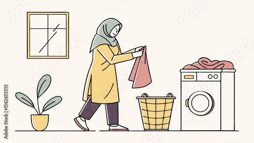 Woman in Hijab Doing Laundry at Home. Daily Household Chores with Washing Machine and Basket. Flat Line Art Illustration.