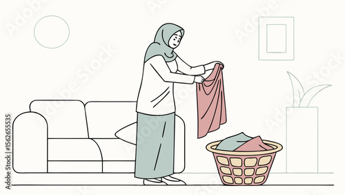 Woman in Hijab Folding Laundry at Home. Daily Household Chores and Home Life. Minimalist Line Art Illustration.