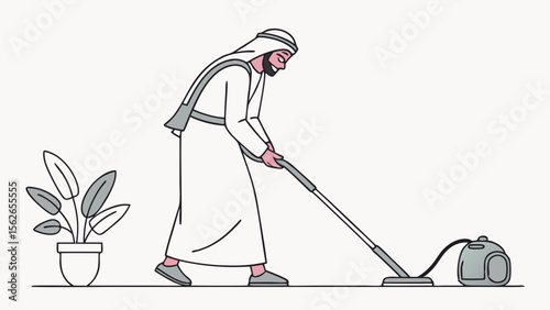 Middle Eastern man in traditional dress vacuuming. Daily chores and home cleaning concept illustration.
