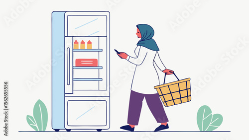 Woman in hijab checking refrigerator with smartphone and basket, grocery planning illustration.