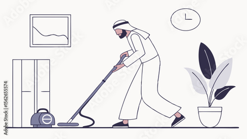 Middle Eastern Man Vacuuming Home Floor. Daily Household Chores and Housekeeping. Flat Line Art Illustration.
