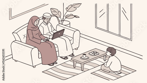 Muslim Family at Home: Parents Using Laptop, Child Praying in Cozy Living Room Interior