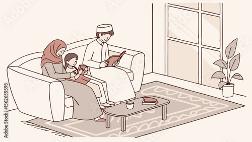 Muslim Family Reading Books at Home. Parents and Child on Sofa, Enjoying Quiet Time.