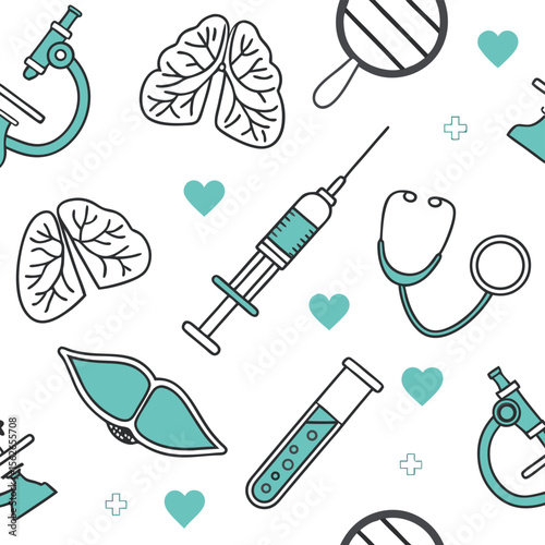 Medical seamless pattern healthcare line icons teal and white