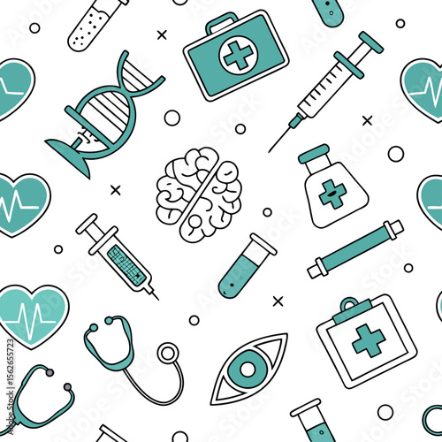 Medical seamless pattern healthcare line icons teal and white