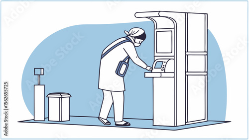Person in face mask using ATM for banking transaction. Safe financial service in public.