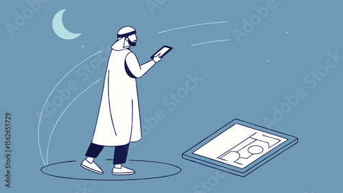 Spiritual Man Praying with Digital Device Under Moonlight. Modern Religious Practice Illustration.