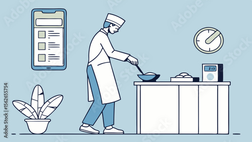 Chef cooking in a modern kitchen, following a digital recipe on a smartphone app. Culinary illustration.