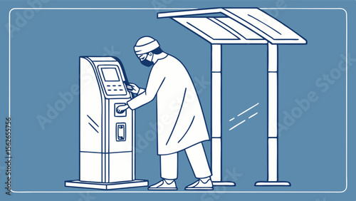 Man interacting with outdoor payment terminal under a solar canopy