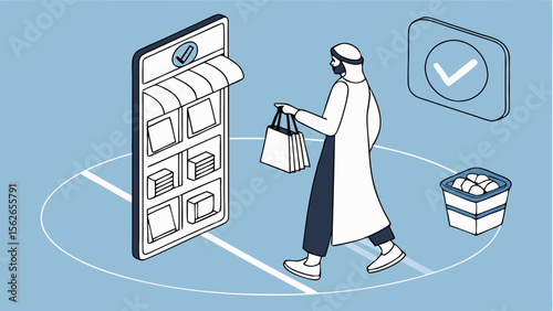 Middle Eastern Man with Shopping Bags After Successful Mobile Online Purchase: Isometric E-commerce Illustration
