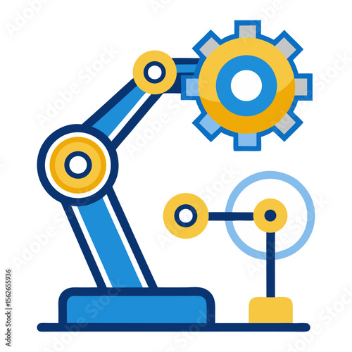 A robotic arm with gears symbolizes automation and industrial tech.