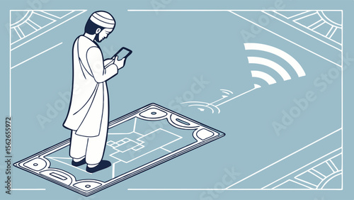 Muslim Man Praying with Smartphone & Wi-Fi. Digital Islamic Prayer & Modern Faith Connection Illustration.