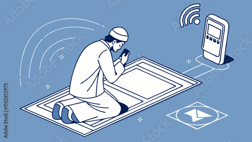 Modern Prayer and Technology: Man Praying with Smartphone and Connected Device Illustration