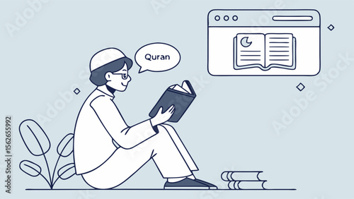Muslim Person Reading Quran Book and Online. Islamic Education and Digital Study Concept.