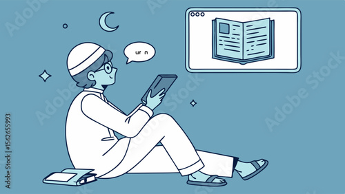 Person in traditional cap reading e-book on tablet at night. Digital learning, online education, and self-study concept.