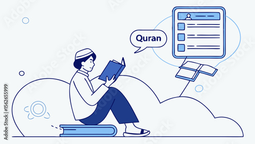 Muslim student reading Quran for religious education and spiritual growth. Islamic learning and knowledge acquisition concept.