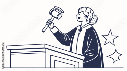Smiling Judge with Gavel at Podium, Courtroom Authority and Justice Concept Illustration