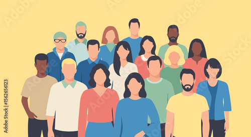 Diverse group of faceless people in casual attire standing together in a crowd.