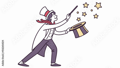 Magician Performing Magic Trick with Wand and Top Hat, Stars Appearing. Cartoon Vector Illustration.
