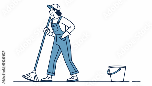 Professional Cleaner Mopping Floor. Housekeeping, Maintenance, and Hygiene Service Worker Illustration with Bucket.