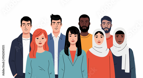 Diverse group of eight people with varying ethnicities and cultural backgrounds.