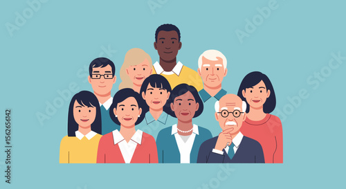 Diverse group of nine people with varying ages and ethnicities smiling together.