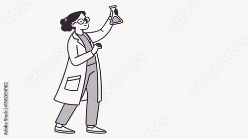 Female scientist in lab coat holding a chemical flask. Science, research, and experiment concept illustration.