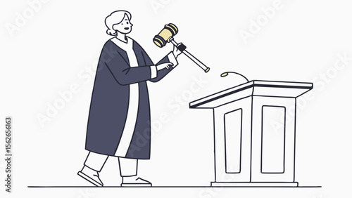 Judge in Robe Striking Gavel at Podium. Legal Authority, Justice, and Decision-Making Concept Illustration.