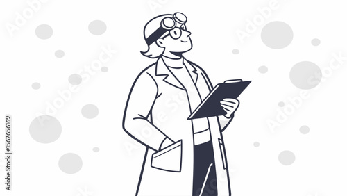 Curious scientist with headlamp and clipboard, observing in a lab coat, line art illustration