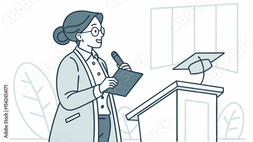 Female Lecturer at Podium with Microphone and Graduation Cap - Academic Presentation Illustration