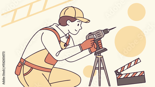 Content Creator Setting Up Video Production Equipment with Drill and Clapperboard Illustration
