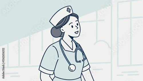Smiling Female Nurse Illustration with Stethoscope in Hospital Setting, Healthcare Professional