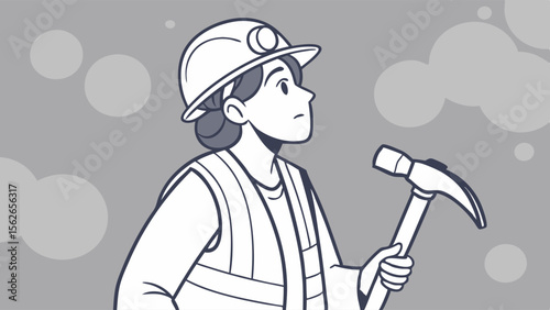 Illustration of a Woman Geologist or Miner with Hard Hat and Pickaxe