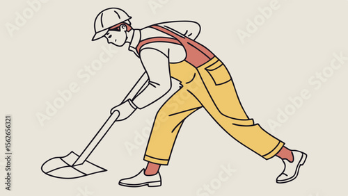 Hard Hat Worker Shoveling Ground. Manual Laborer in Overalls. Flat Line Art Illustration.