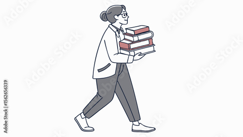 Woman walking with stack of books. Education, learning, knowledge concept. Minimalist illustration style.