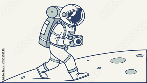 Cartoon Astronaut Photographer on Moon Surface - Space Exploration & Discovery Concept