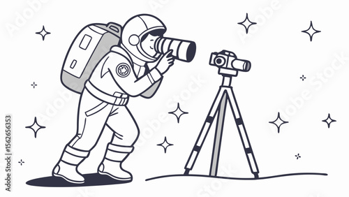 Astronaut Photographer in Space with Camera and Tripod Line Art Illustration