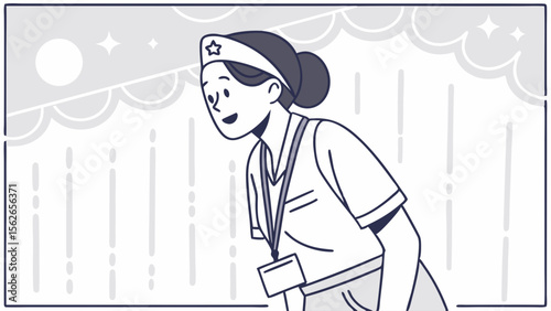 Friendly Female Service Professional with ID Badge Line Art Illustration