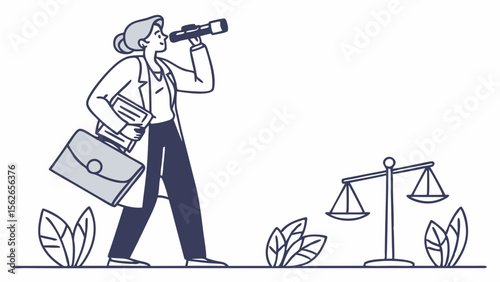 Woman Looking Through Telescope at Scales of Justice Line Art